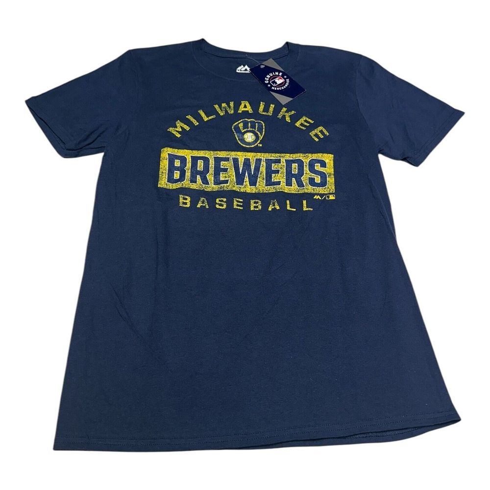 Majestic Milwaukee Brewers Shirt Mens Sz M Navy Blue Spellout MLB Baseball Tee